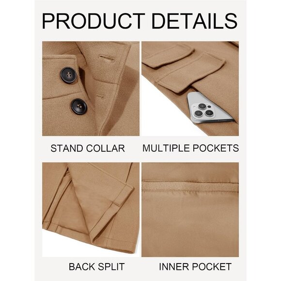 Men's Khaki Pea Coats Single Breasted Stand Collar Casual Slim Fit Trench - Picture 5 of 5